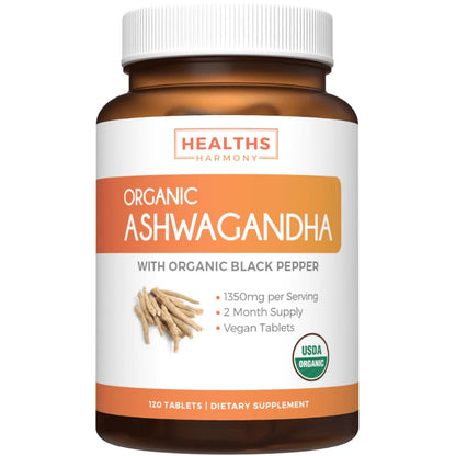 Organic Ashwagandha (120 Vegetarian Tablets) 1350Mg per Serve - Natural Anxiety Relief, Immune, Adrenal, Cortisol & Thyroid Support - No Pills or Capsules